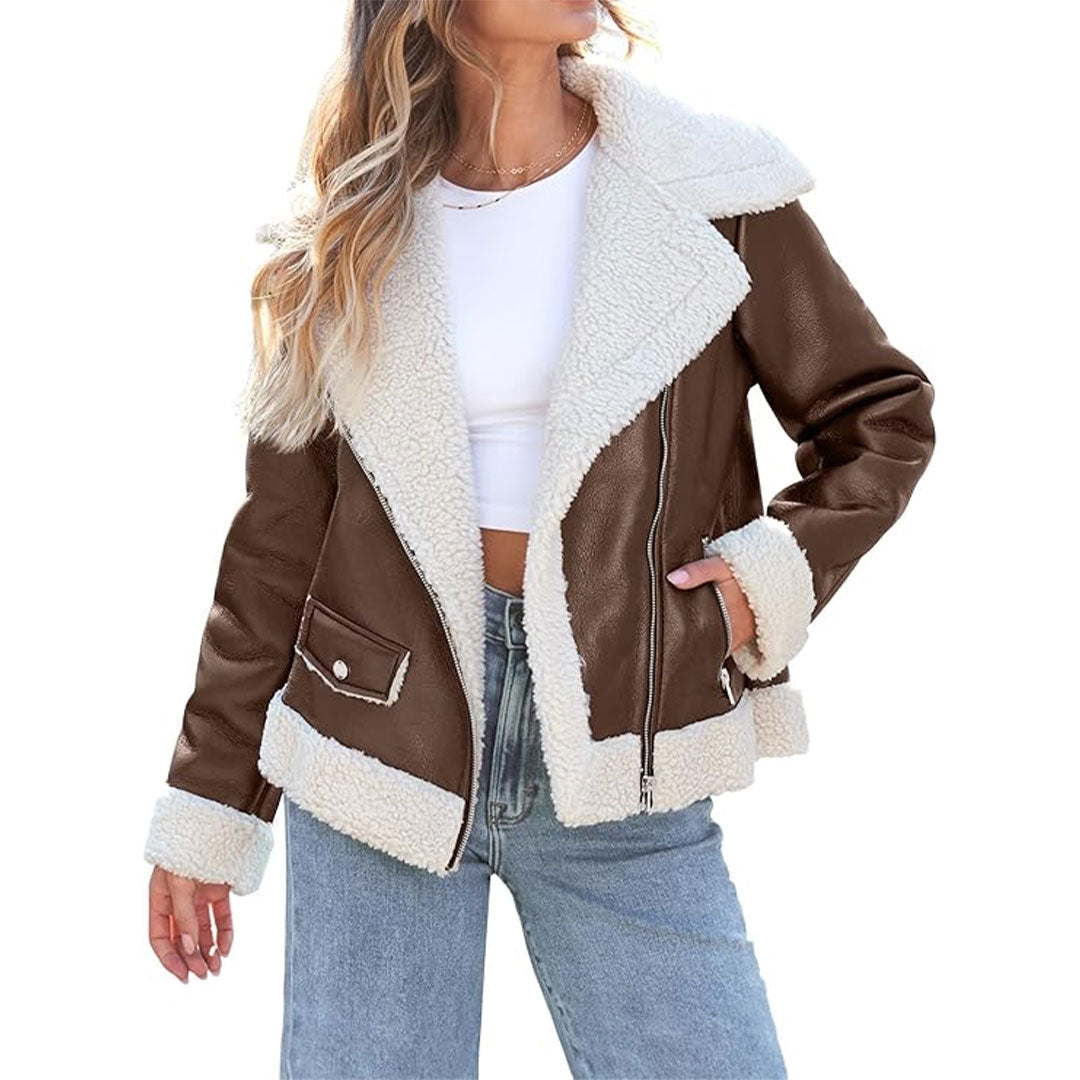 Women's Asymmetrical Stylish Sherpa Fur Original Leather Jacket