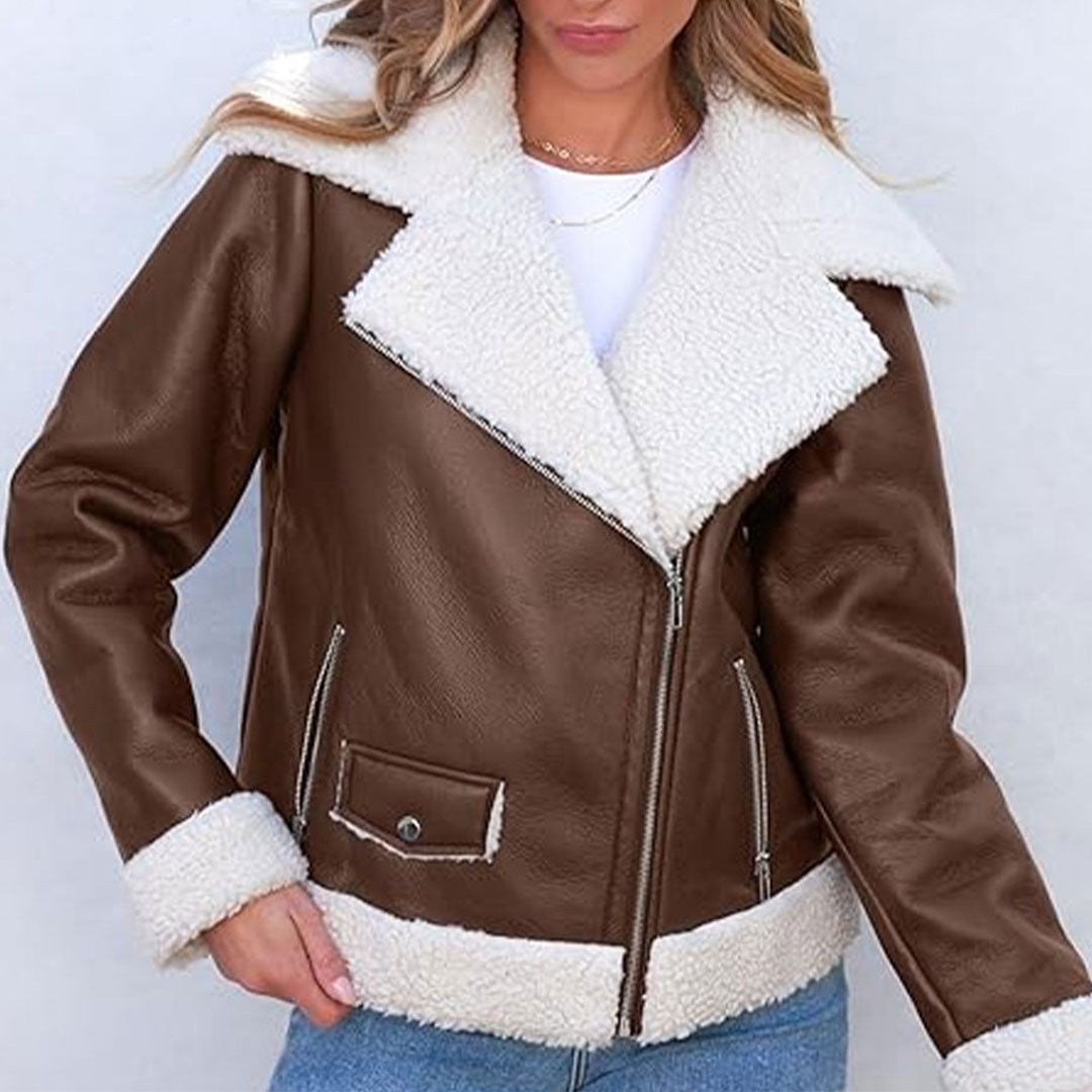 Women's Asymmetrical Stylish Sherpa Fur Original Leather Jacket