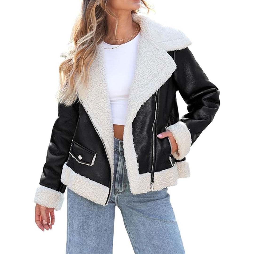 Women's Asymmetrical Stylish Sherpa Fur Original Leather Jacket