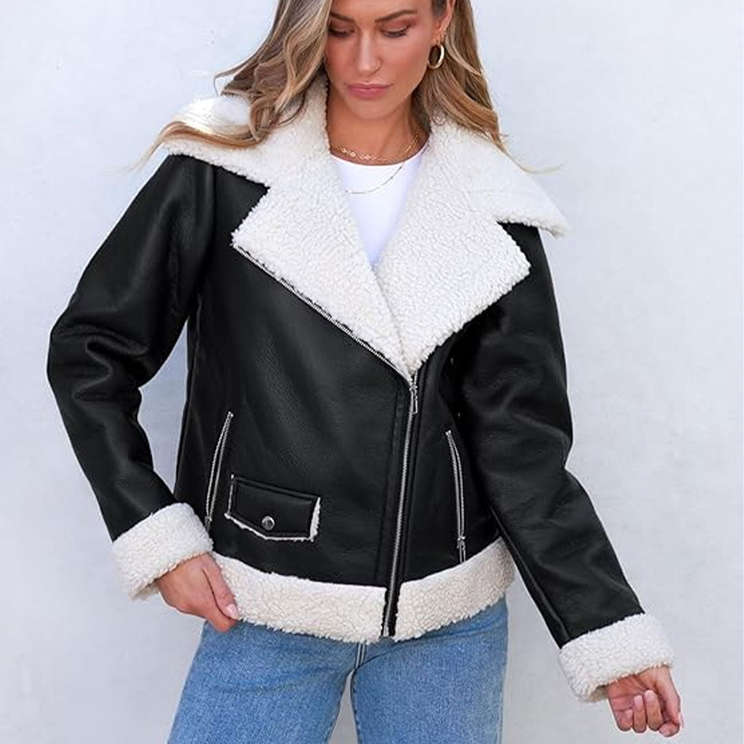 Women's Asymmetrical Stylish Sherpa Fur Original Leather Jacket