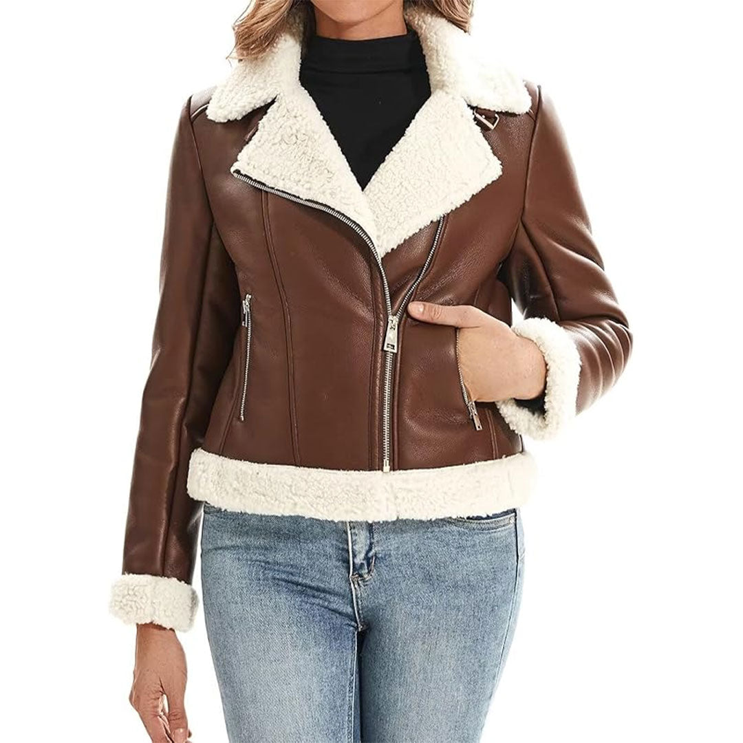 Women's Winter Warm Thick Lined Fur Leather Jacket