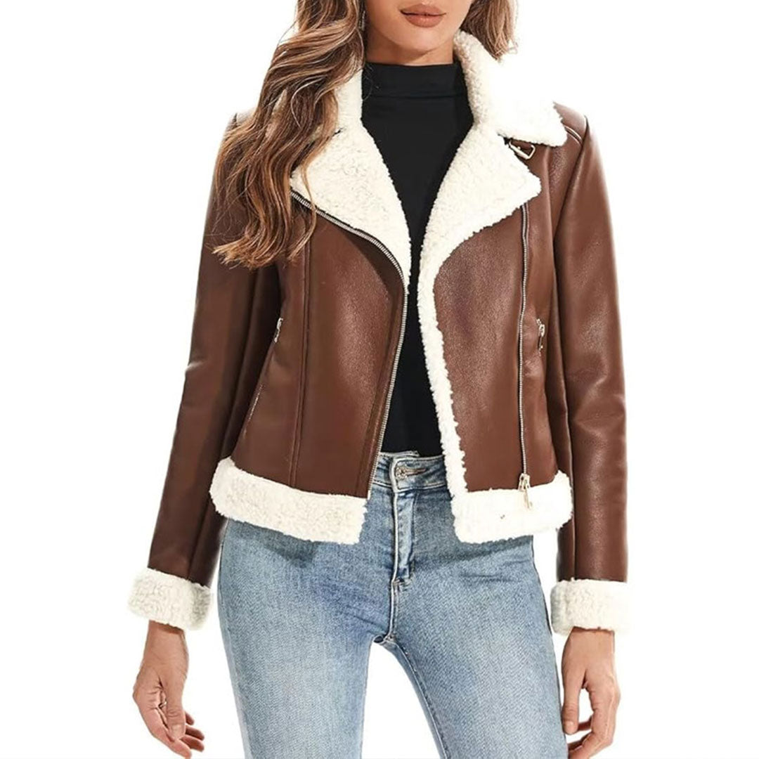 Women's Winter Warm Thick Lined Fur Leather Jacket