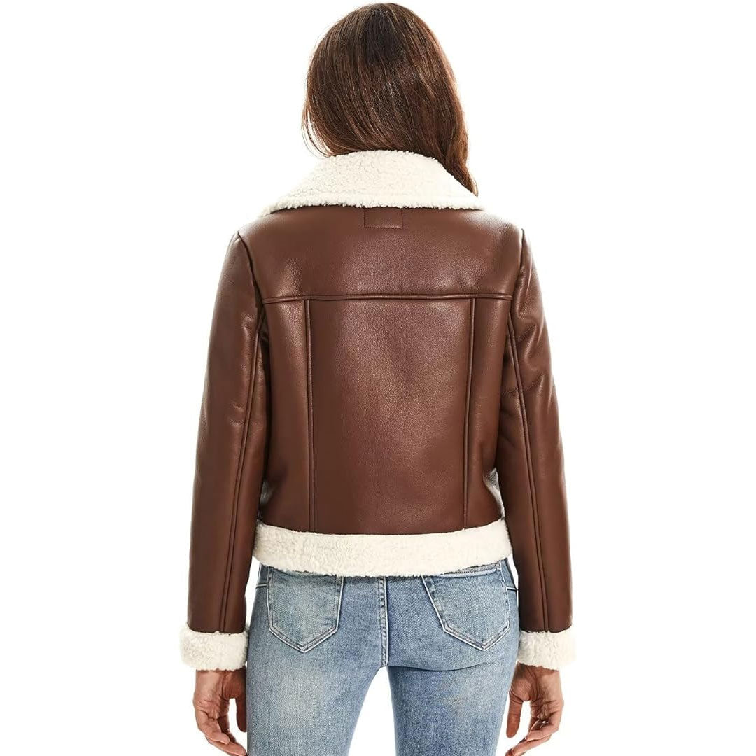 Women's Winter Warm Thick Lined Fur Leather Jacket