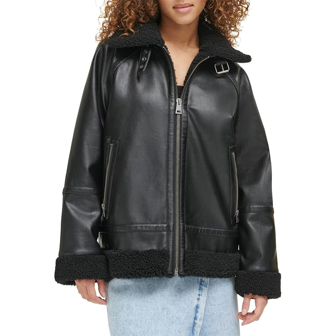 Women's Shearling Fur Aviator Real Leather Jacket