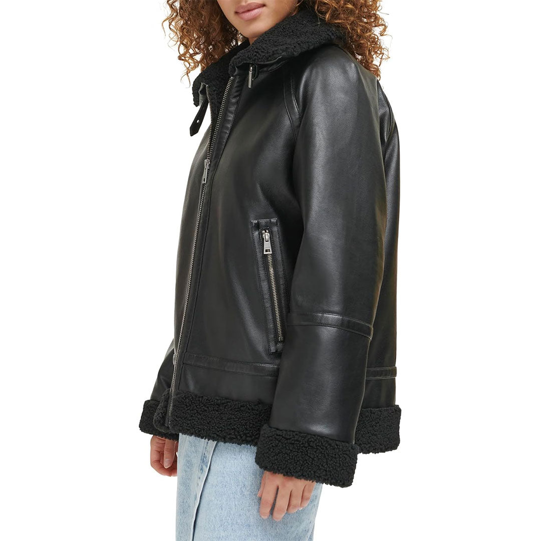 Women's Shearling Fur Aviator Real Leather Jacket