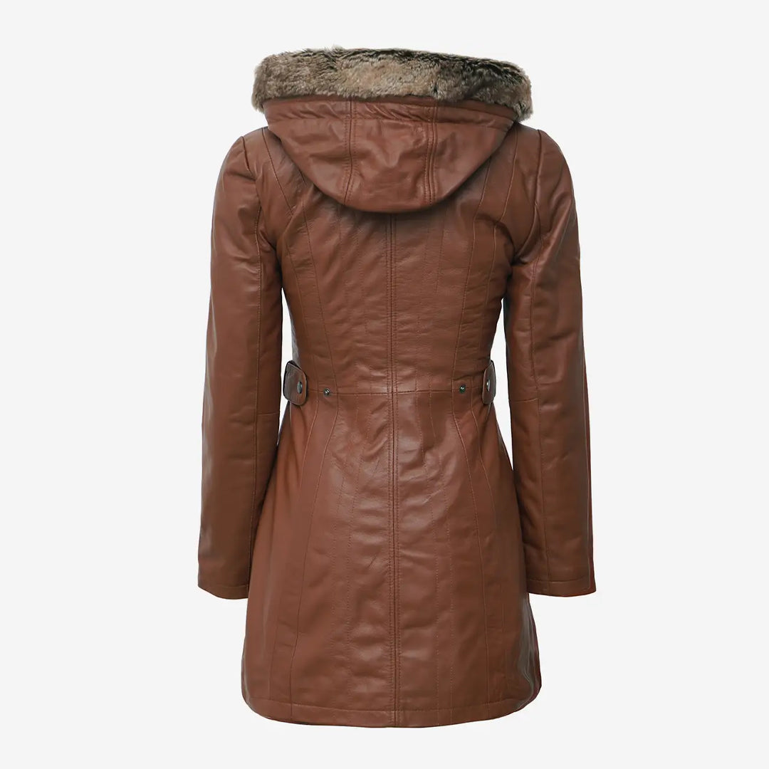 Women's Brown Leather Coat With Fur Hood