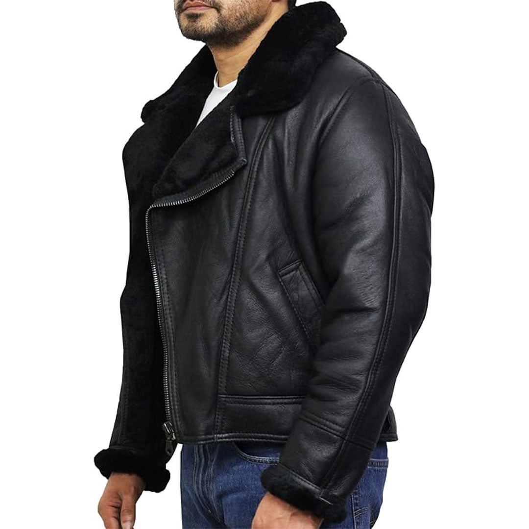 Men's Asymmetrical Aviator Original Leather Fur Jacket