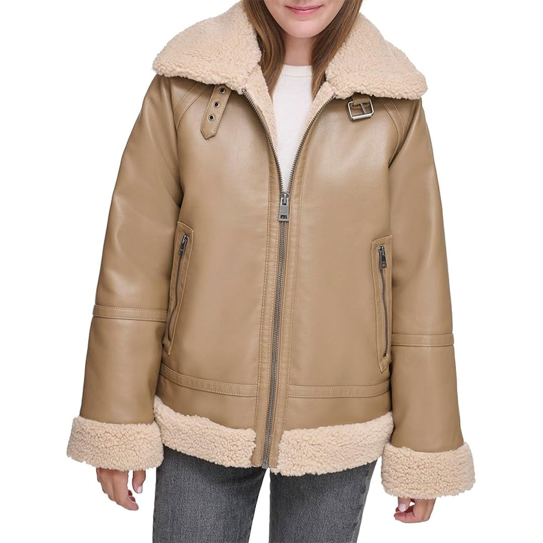 Women's Shearling Fur Aviator Real Leather Jacket