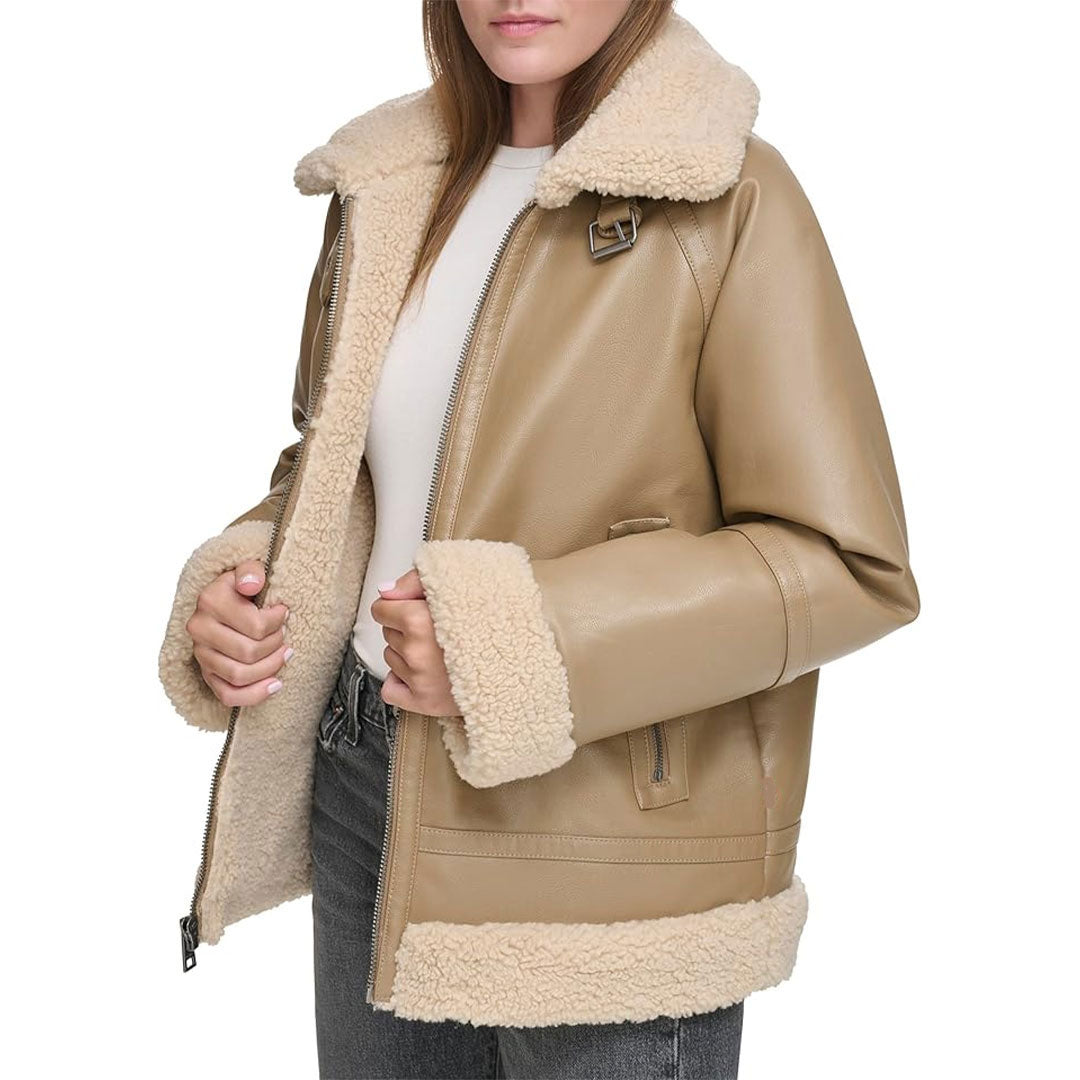 Women's Shearling Fur Aviator Real Leather Jacket