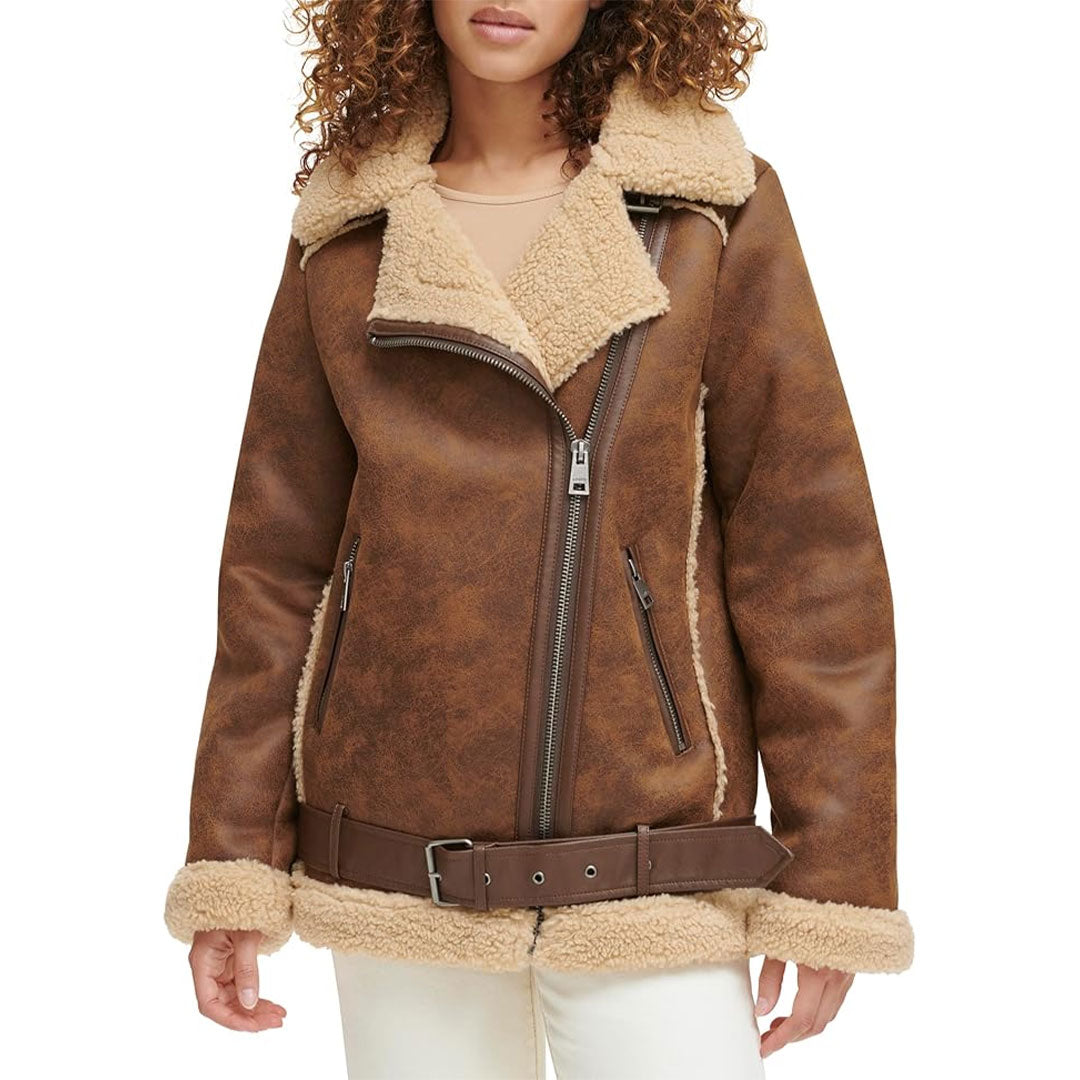 Women's Waxed Sherpa Fur Leather Jacket