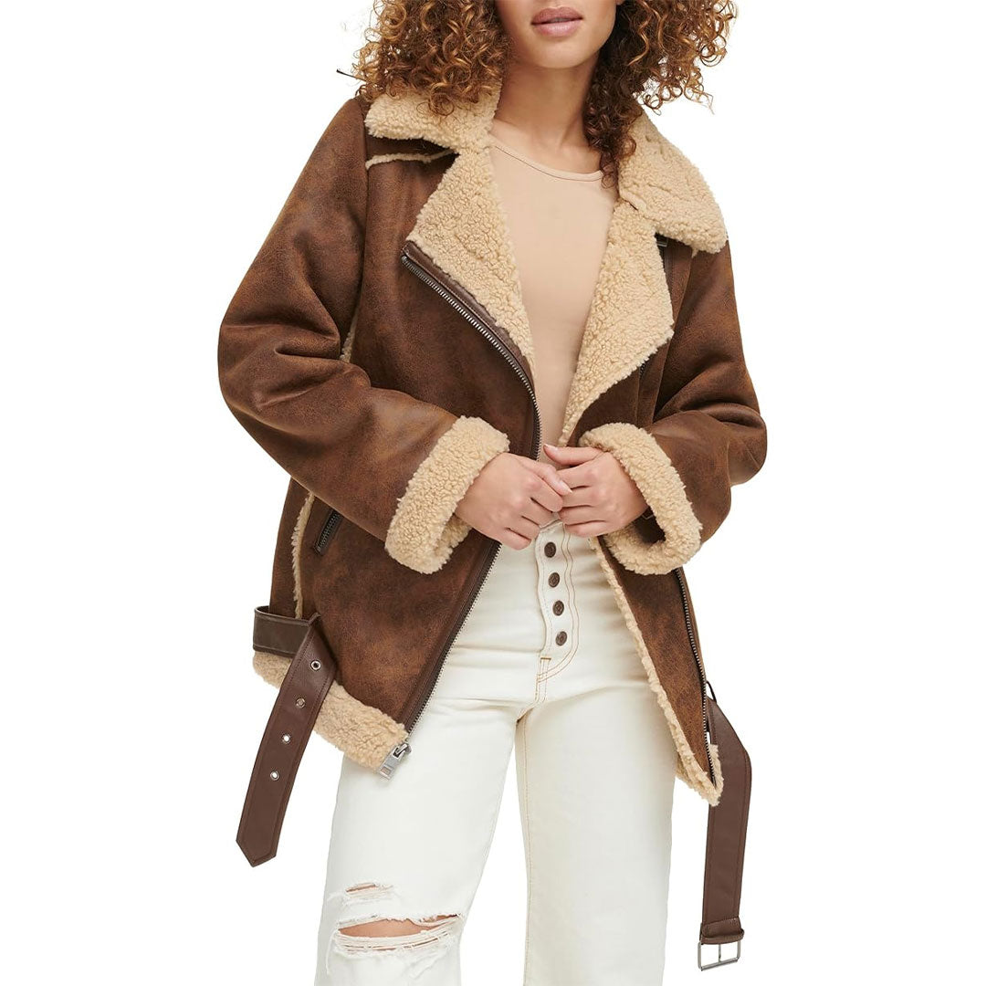 Women's Waxed Sherpa Fur Leather Jacket