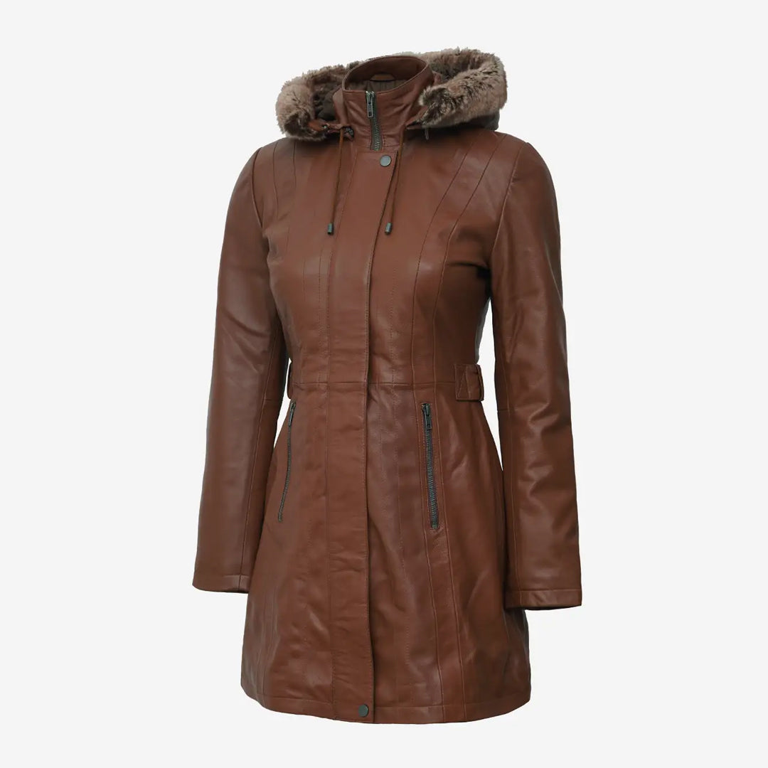 Women's Brown Leather Coat With Fur Hood