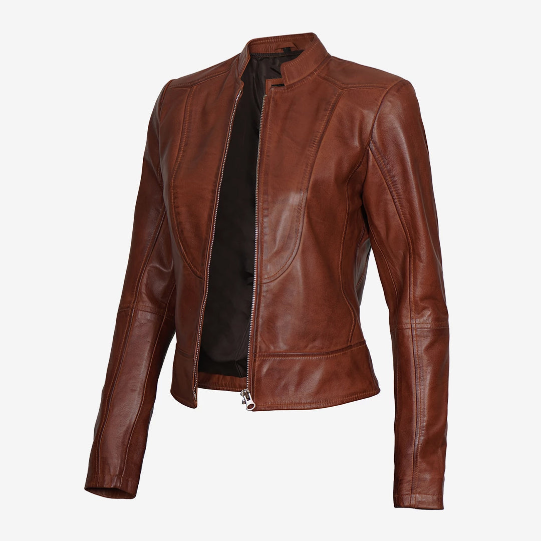 Women's Slim Fit Cognac Leather Biker Jacket