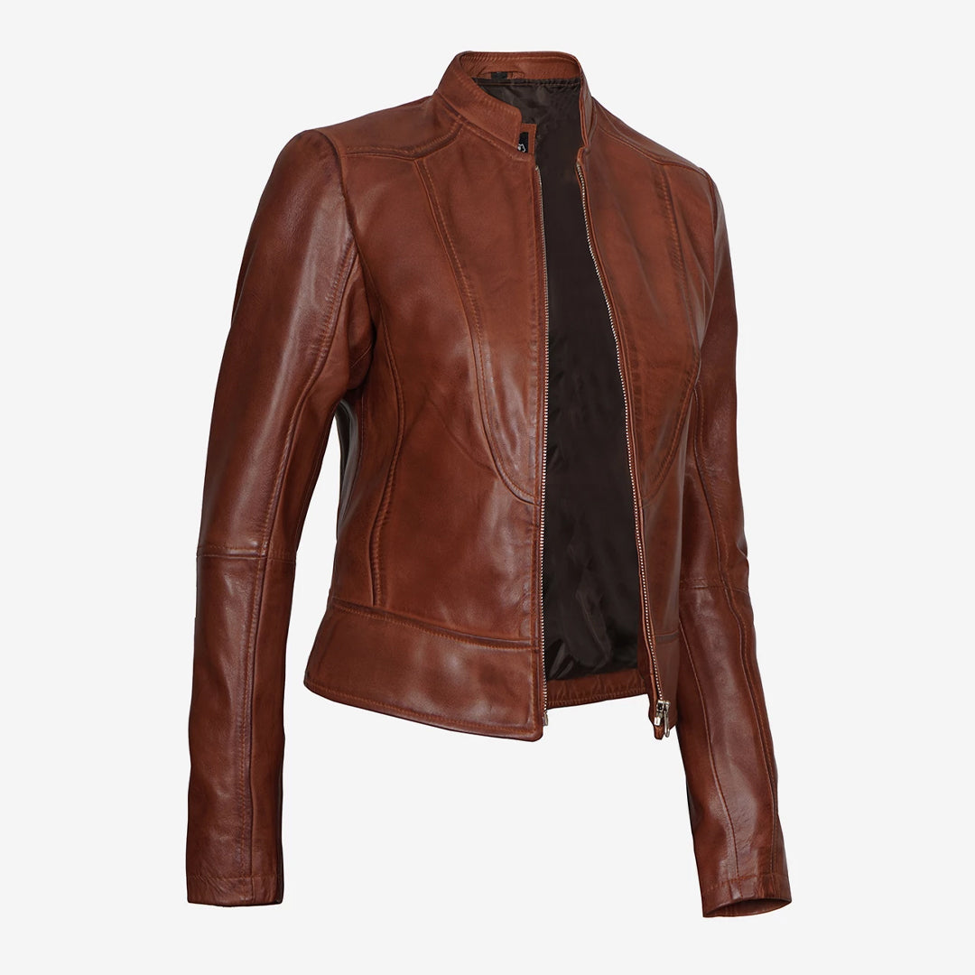 Women's Slim Fit Cognac Leather Biker Jacket