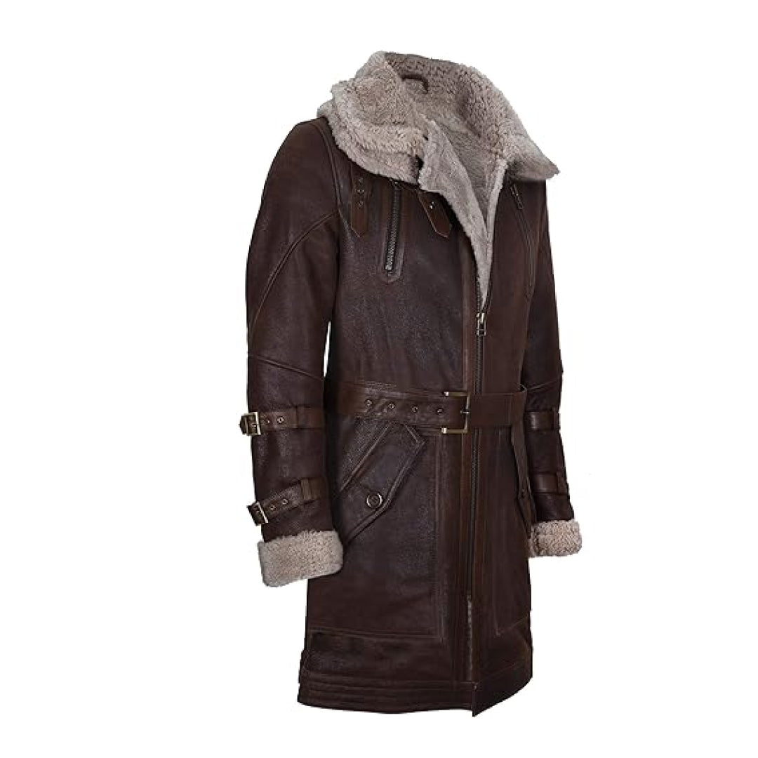 Men's Brown Long Infinity Double Collar Leather Coat