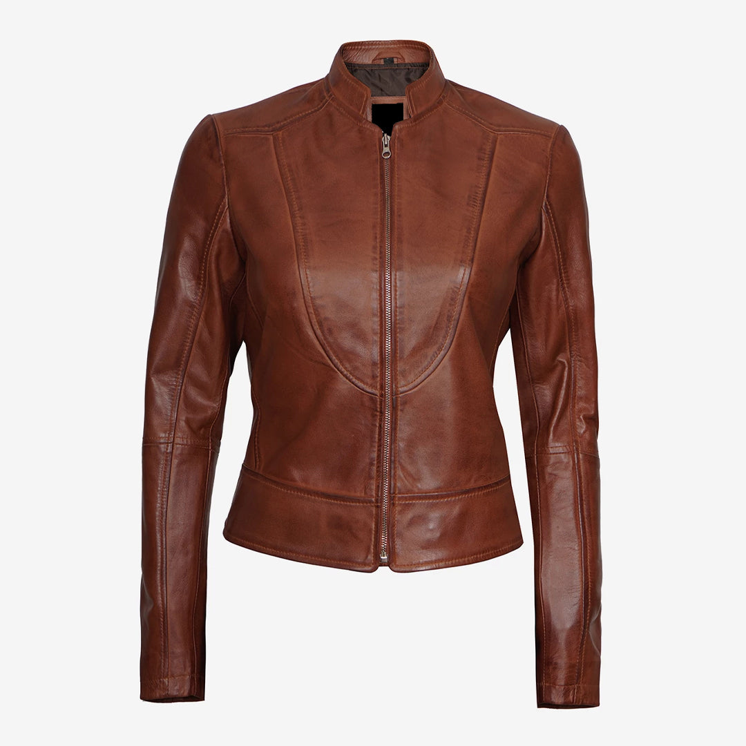 Women's Slim Fit Cognac Leather Biker Jacket