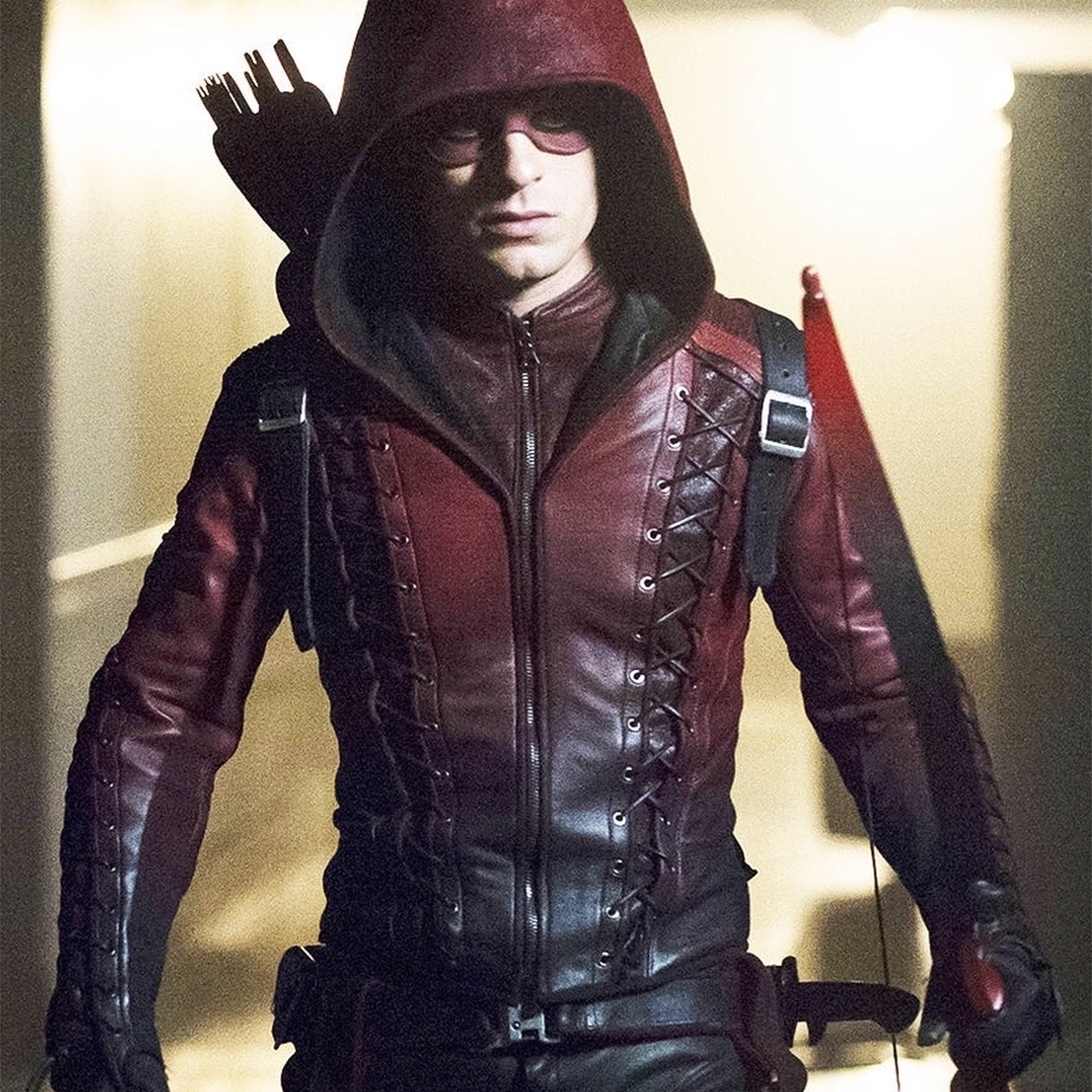 Colton Haynes Arrow Hooded Red Leather Jacket