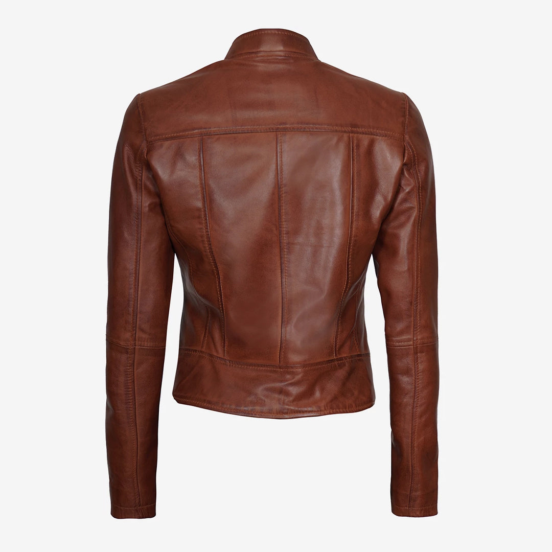 Women's Slim Fit Cognac Leather Biker Jacket