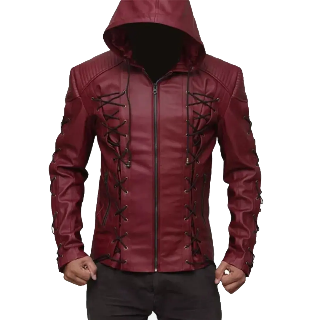 Colton Haynes Arrow Hooded Red Leather Jacket