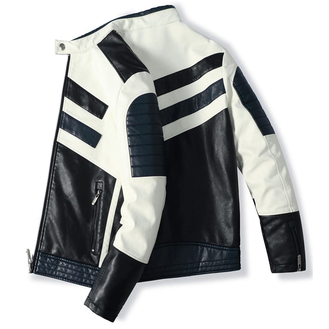 Men's Striped Warm Winter Moto Leather Jacket