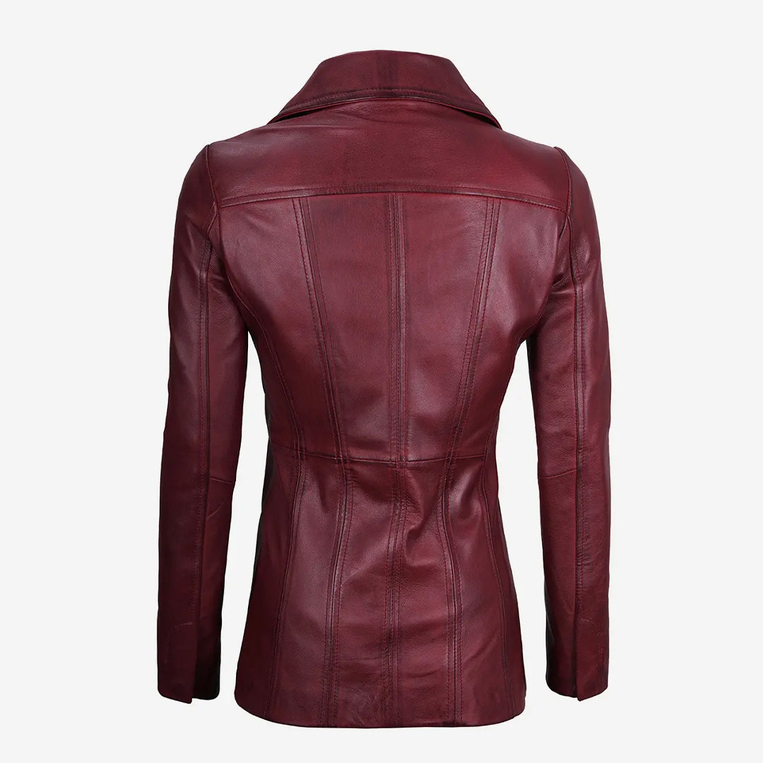 Women's Three Button Maroon Leather Coat