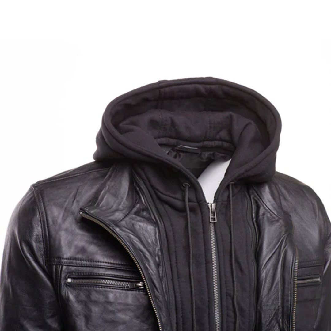 Men's Black Wilder Removable Hoodie Leather Jacket