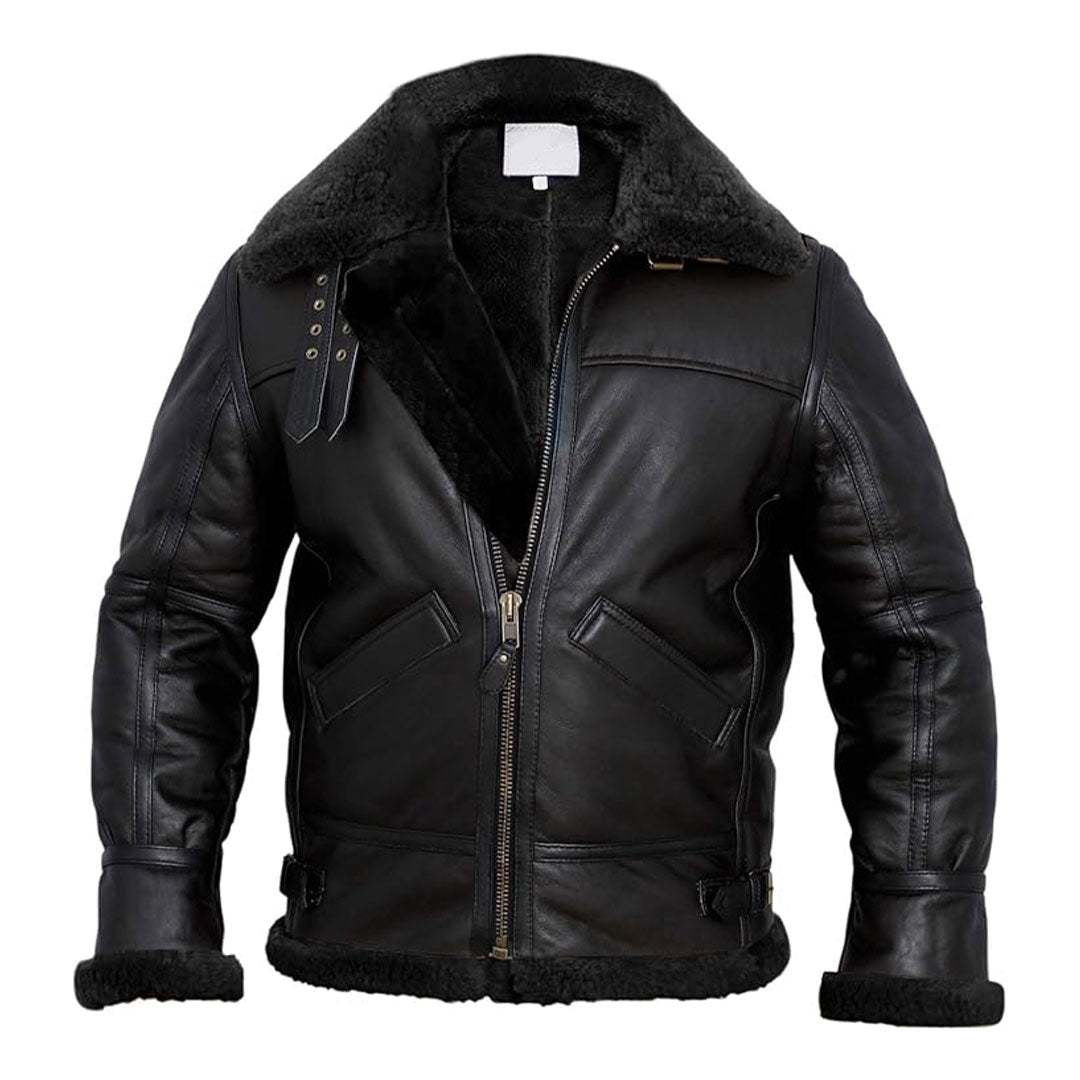 Men's Adjustable Collar Shearling Fur Leather Jacket