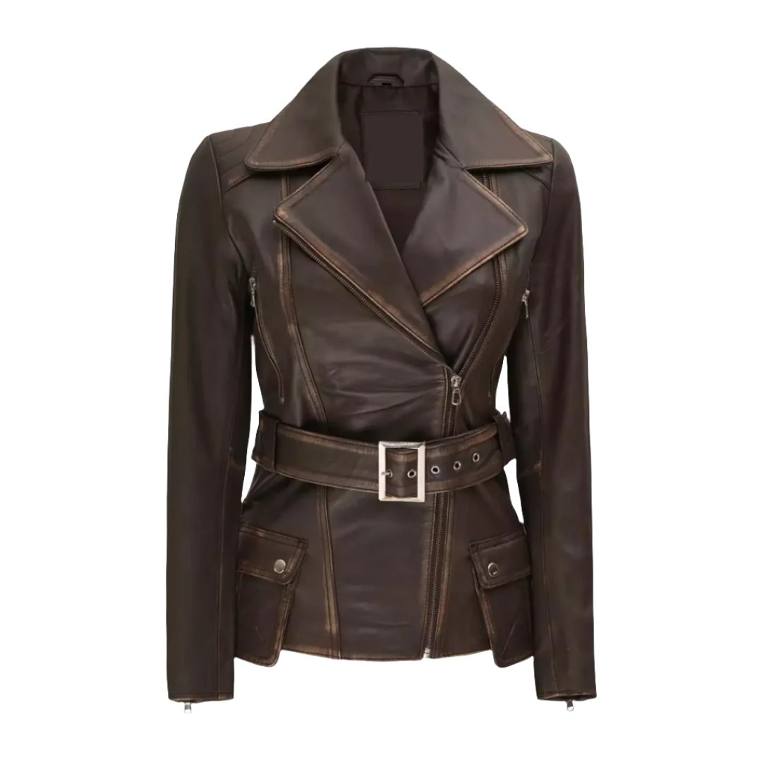 Women's Asymmetrical Dark Brown Rub Off Leather Belted Jacket