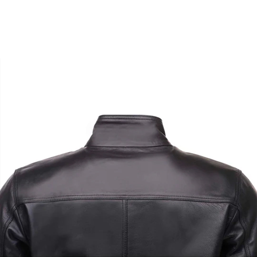 Men's Black Ribbed Collar Bomber Leather Jacket