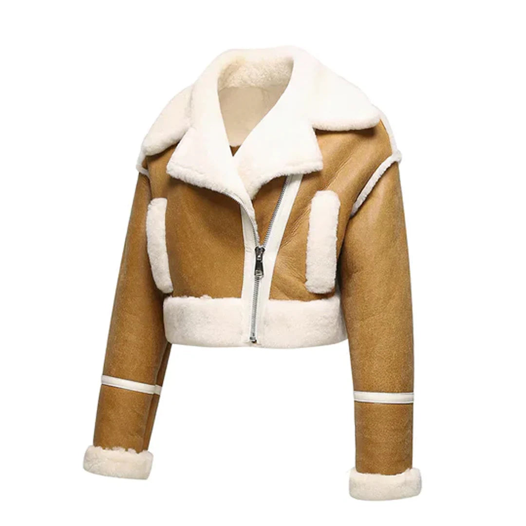 Women's Shearling Asymmetrical Leather Cropped Jacket