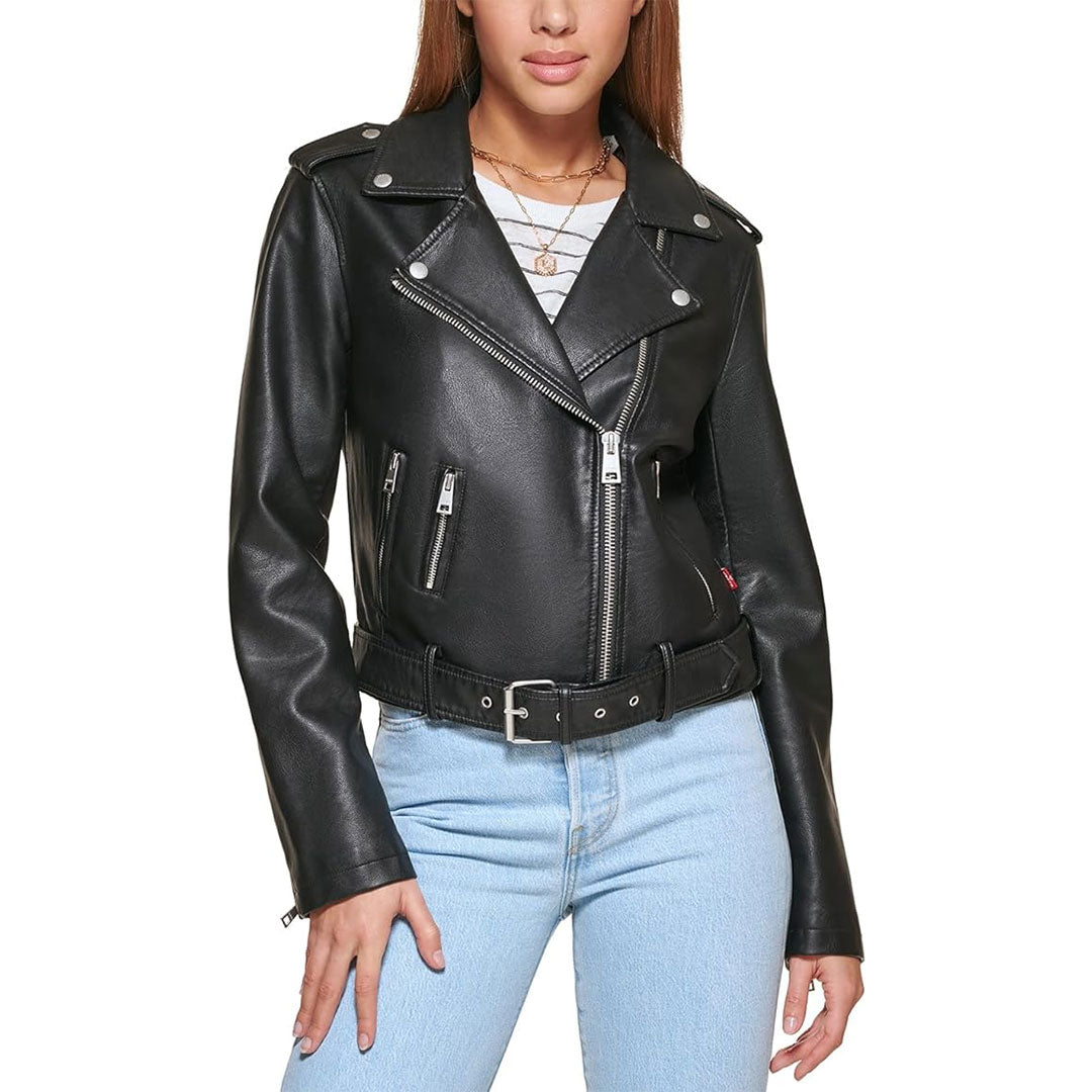 Women's Belted Waist Leather Biker Jacket