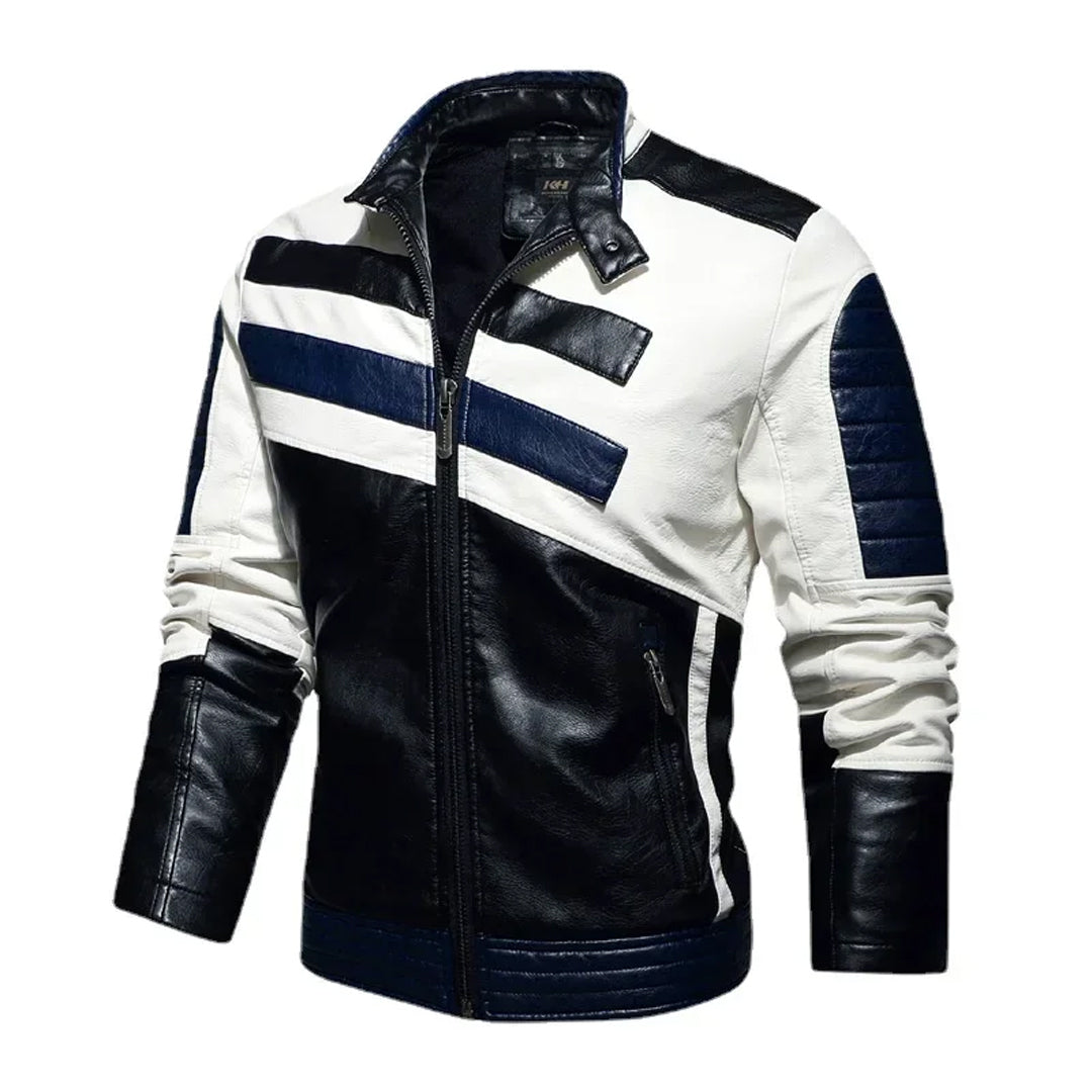 Men's Striped Warm Winter Moto Leather Jacket