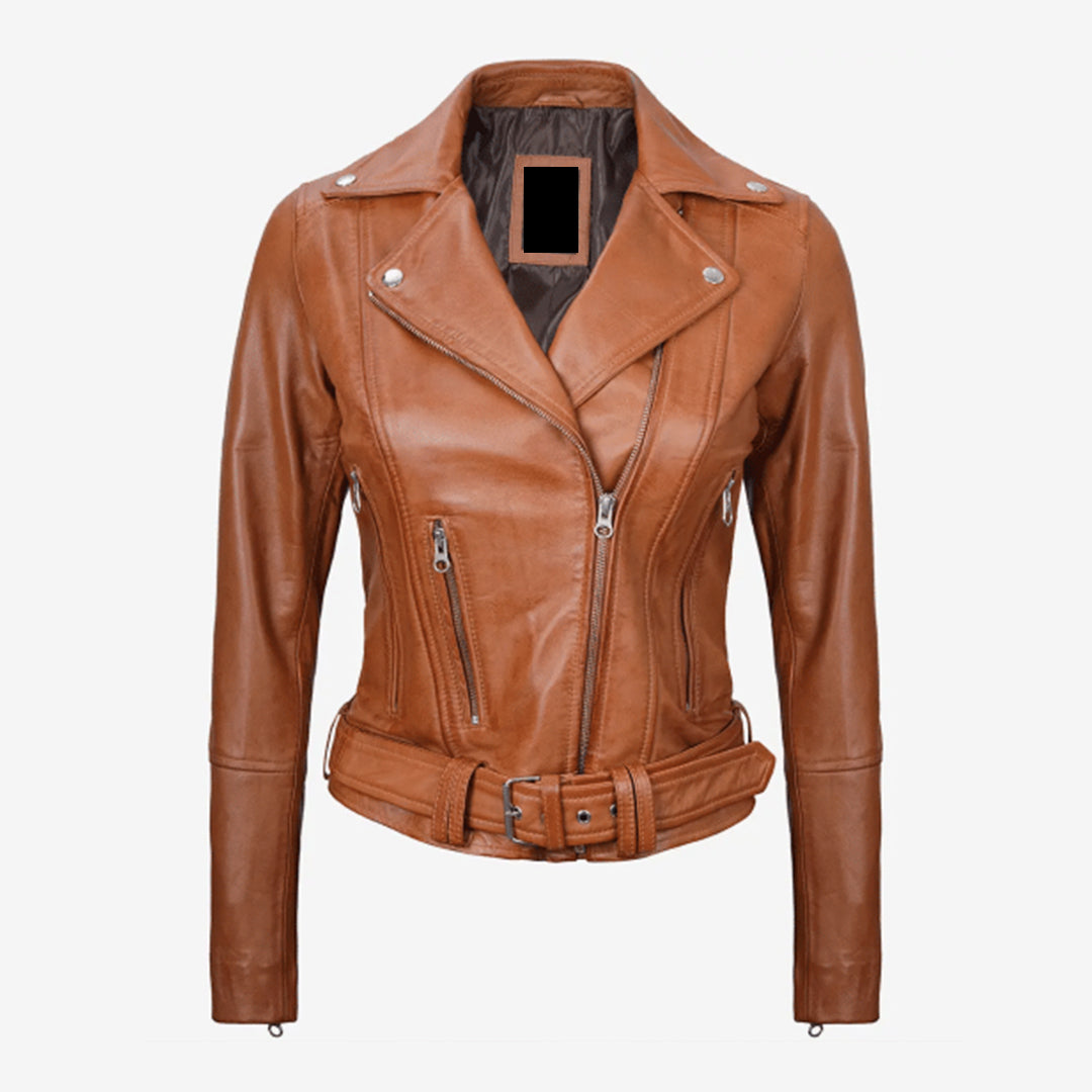 Women's Asymmetrical Brown Belted Leather Jacket