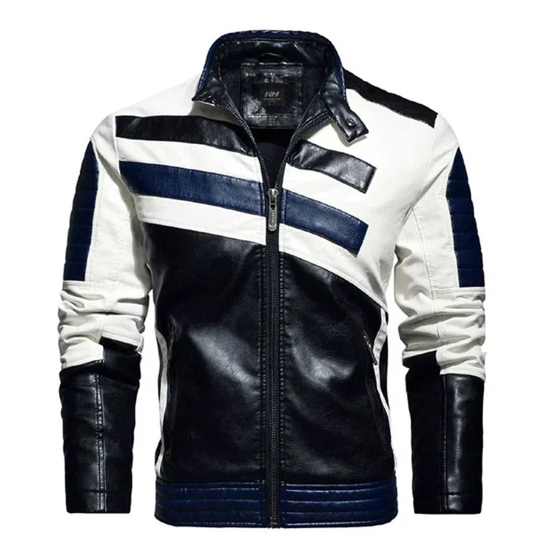 Men's Striped Warm Winter Moto Leather Jacket