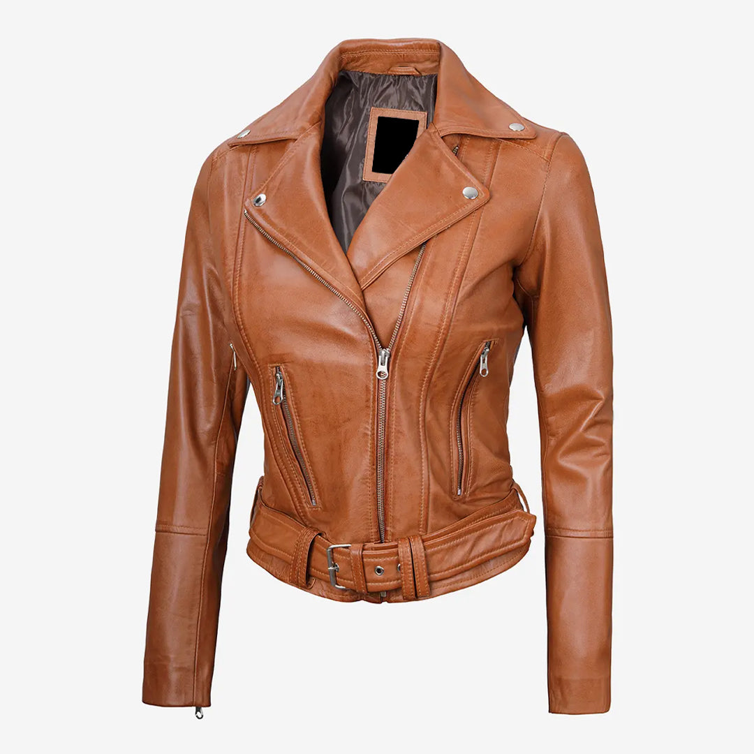 Women's Asymmetrical Brown Belted Leather Jacket