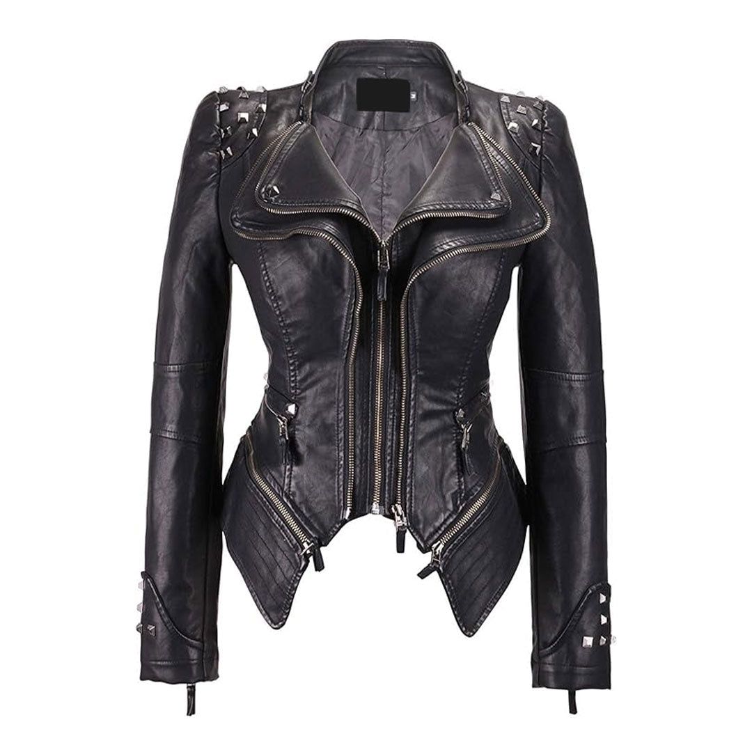 Women's Fashion Metal Studded Leather Biker Jacket