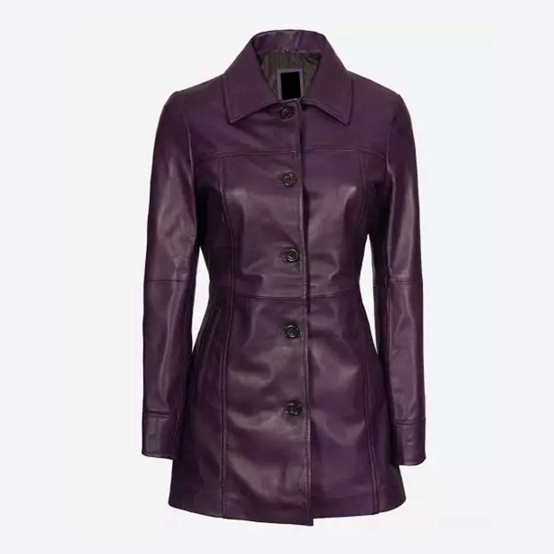 Women's Button Down Purple Leather Coat