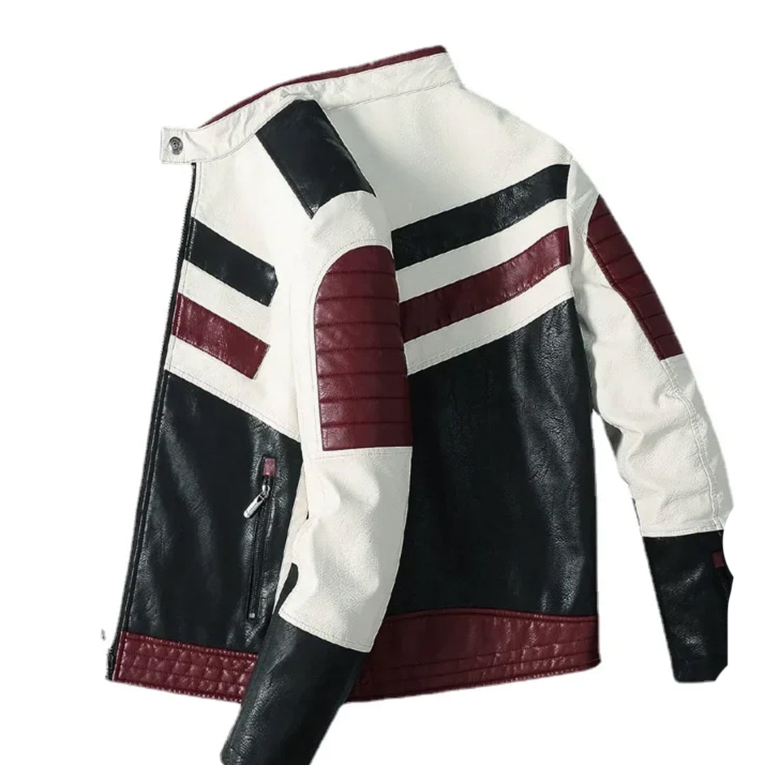 Men's Striped Warm Winter Moto Leather Jacket