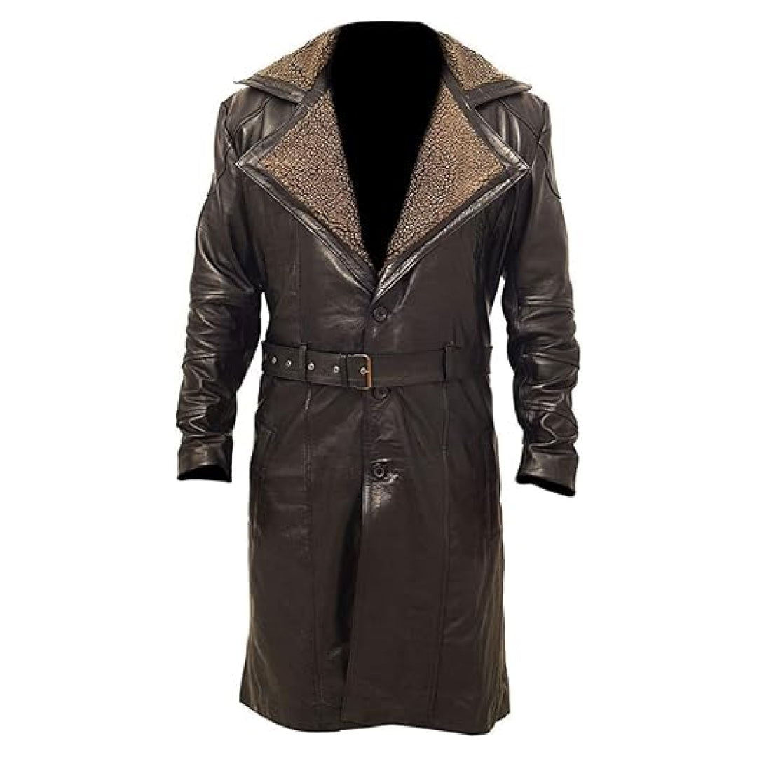 Men’s WW2 German Military Belted Fur Collar Leather Trench Coat