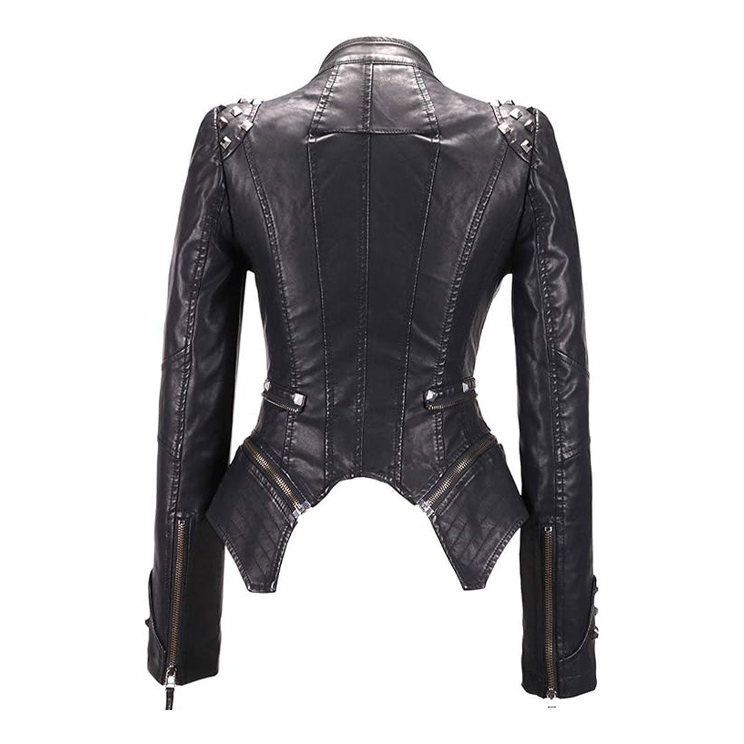 Women's Fashion Metal Studded Leather Biker Jacket