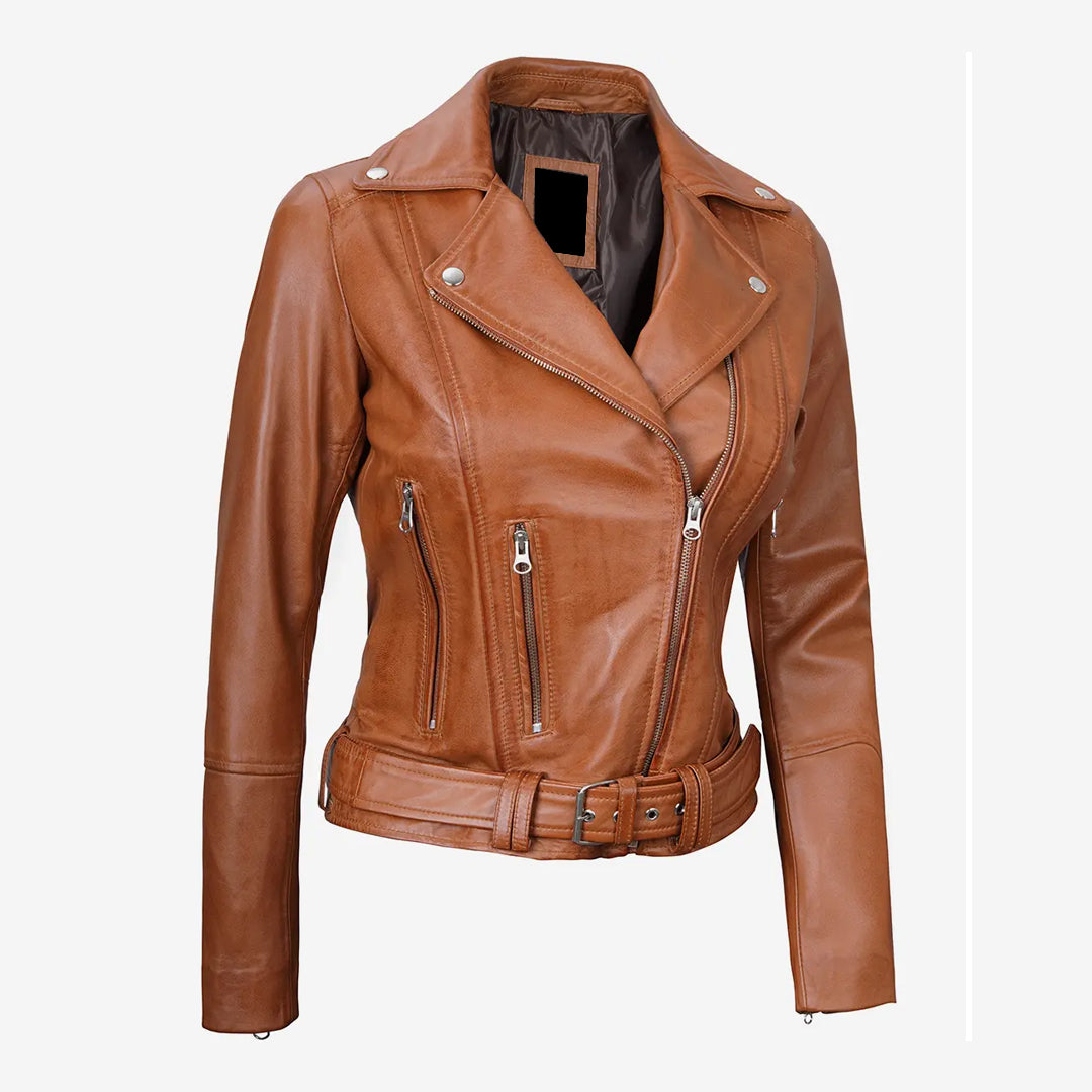 Women's Asymmetrical Brown Belted Leather Jacket