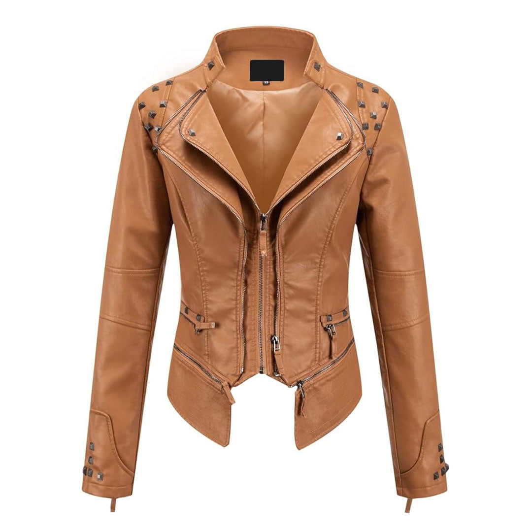 Women's Fashion Metal Studded Leather Biker Jacket