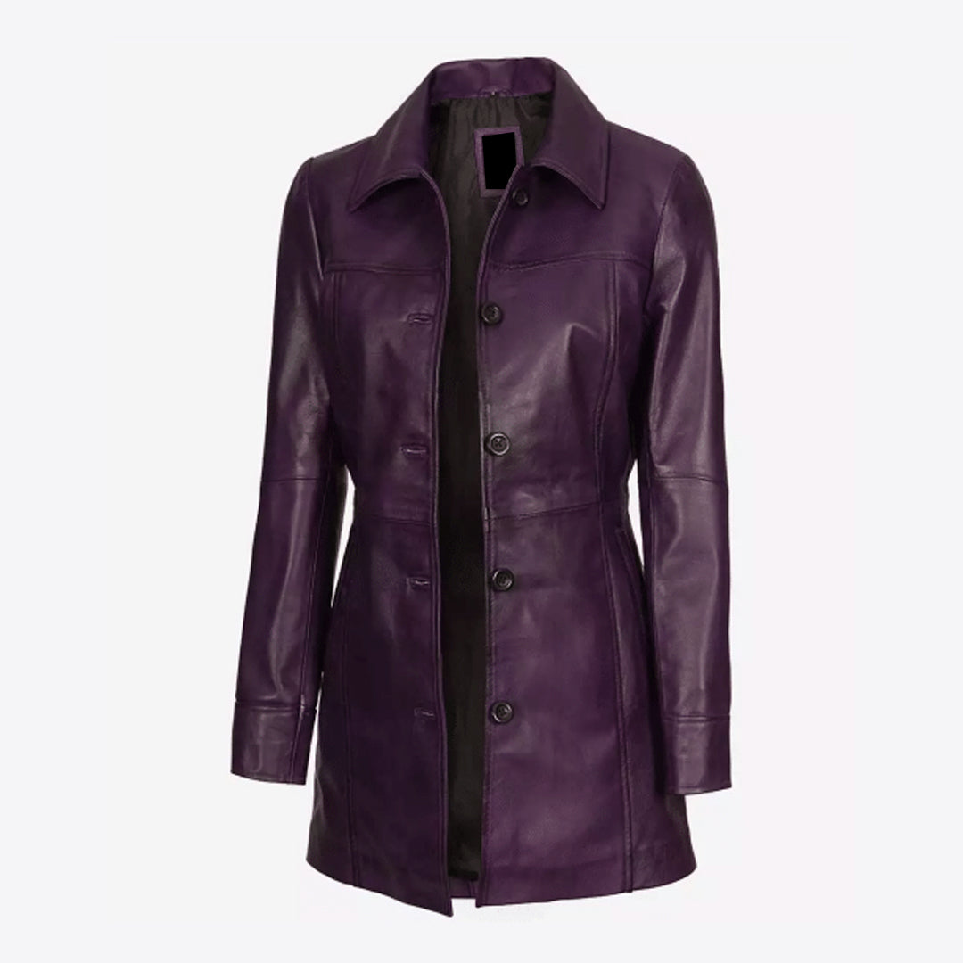 Women's Button Down Purple Leather Coat