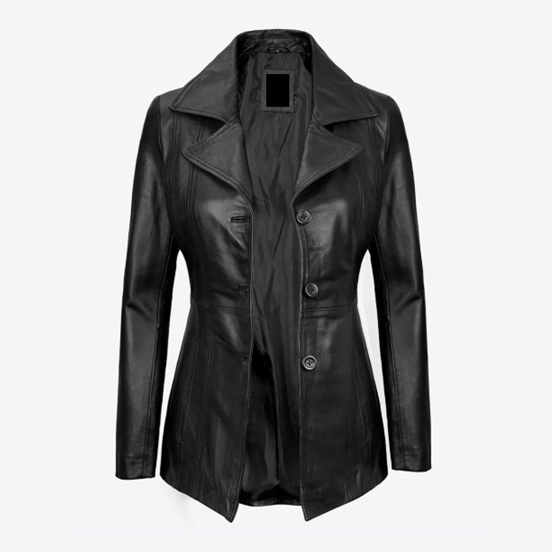 Women's Bitonto Length Black Leather Coat