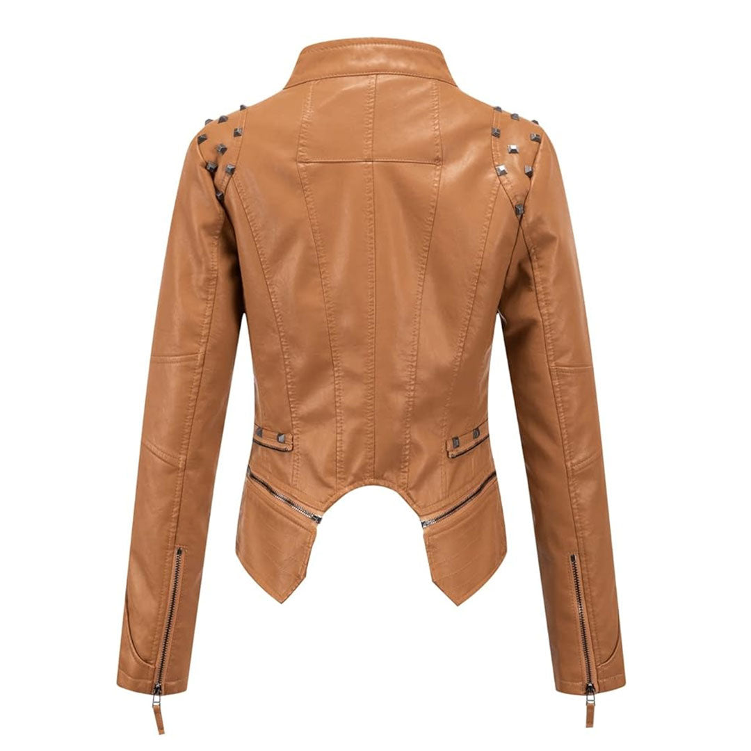 Women's Fashion Metal Studded Leather Biker Jacket