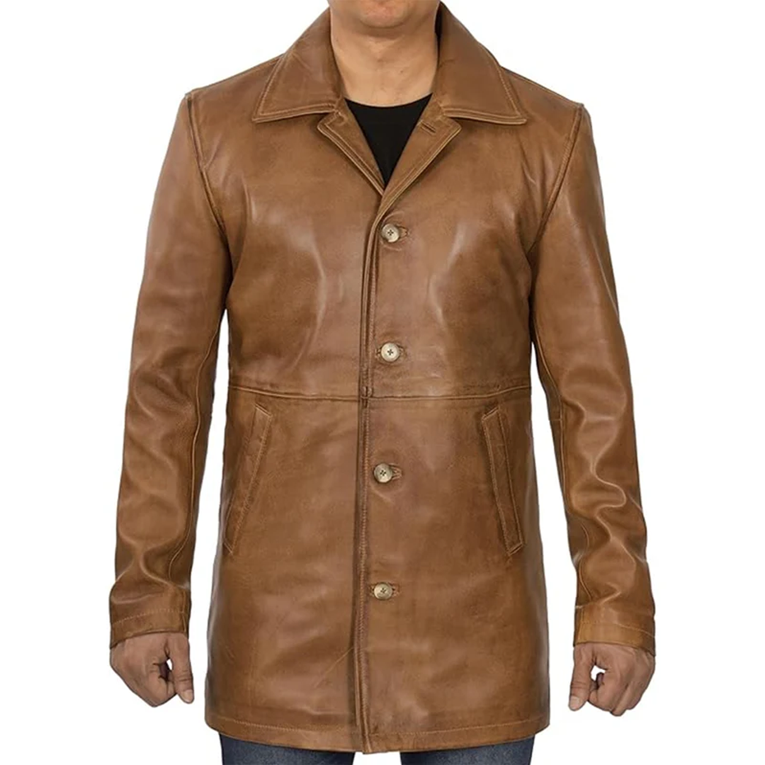 Men's Natural Distressed Brown Real Leather Coat