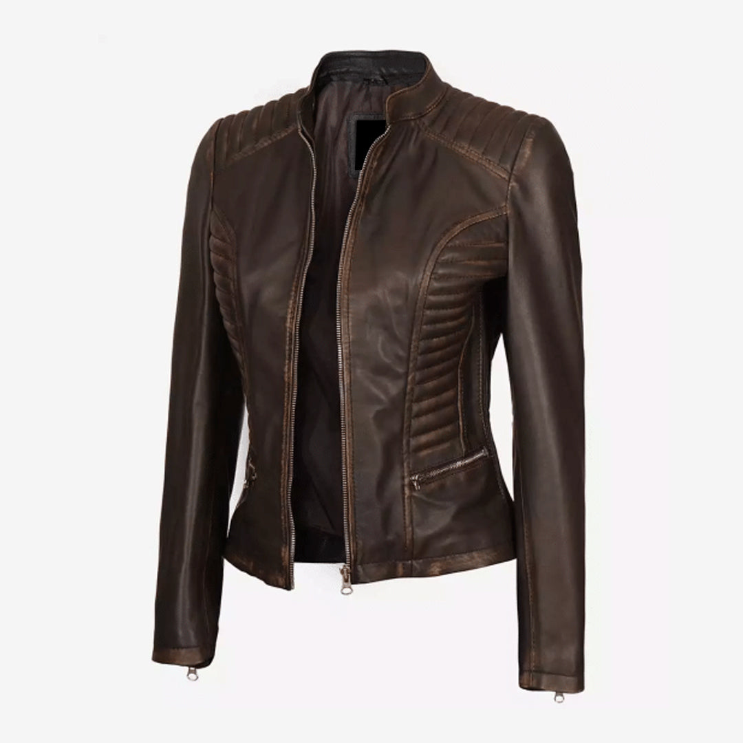 Women's Slim Fit Ruboff Brown Leather Jacket