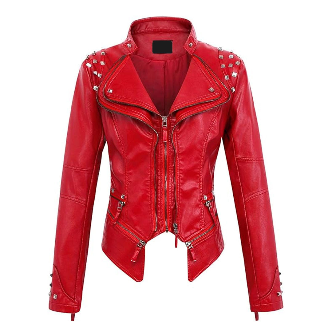 Women's Fashion Metal Studded Leather Biker Jacket