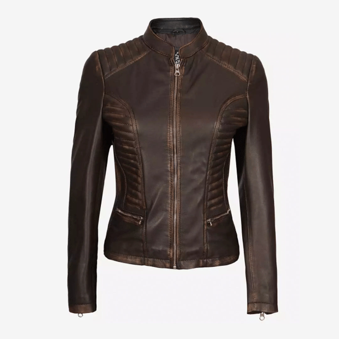 Women's Slim Fit Ruboff Brown Leather Jacket