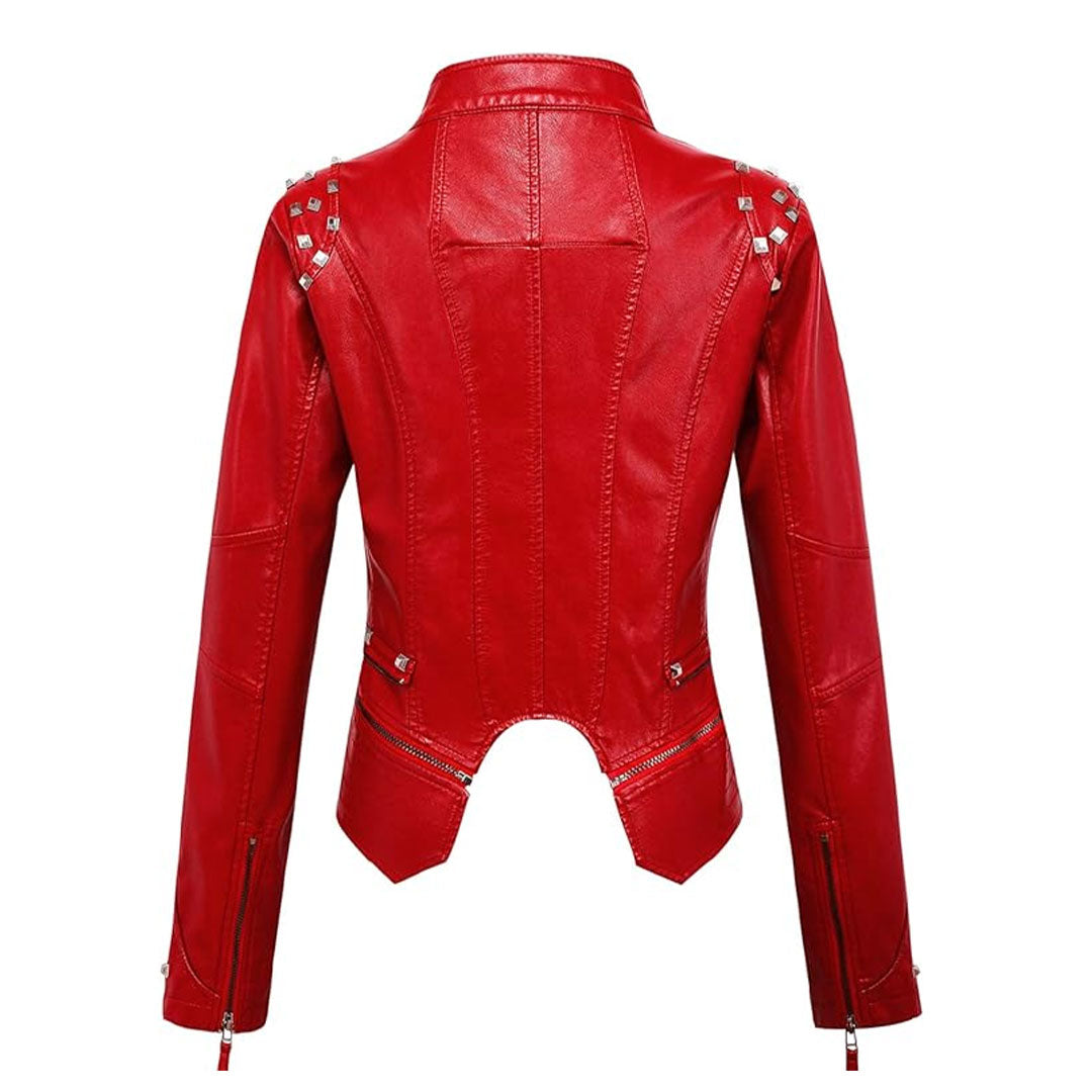 Women's Fashion Metal Studded Leather Biker Jacket